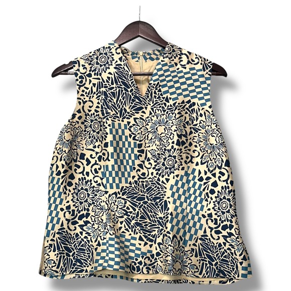 Adrianna Papell Silk Top‎ 12 Bold Graphic Print Sleeveless Retro Mod Blouse - Picture 1 of 7